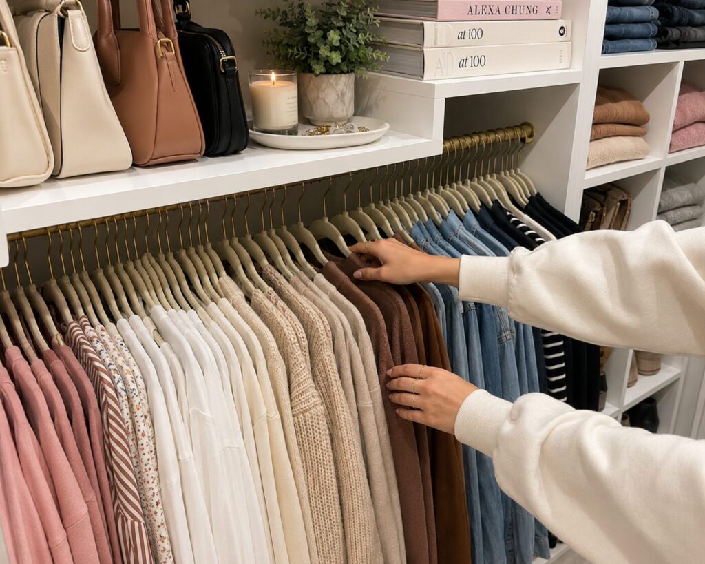 Lady organizing their closet by color 