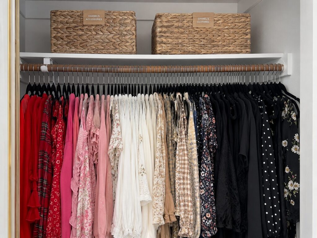 Clothing items in a closet categorized just by color, not by clothing item type. 