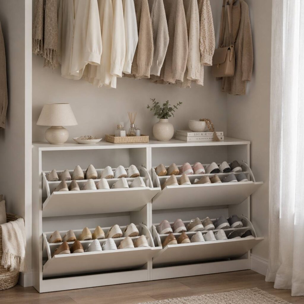 Women's closet with a shoe cabinet on the bottom of it 