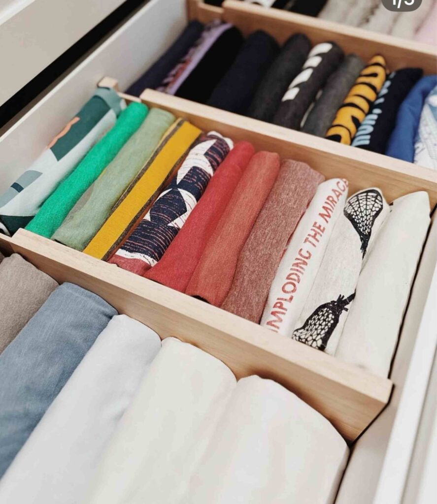 Dresser drawer organized with drawer dividers