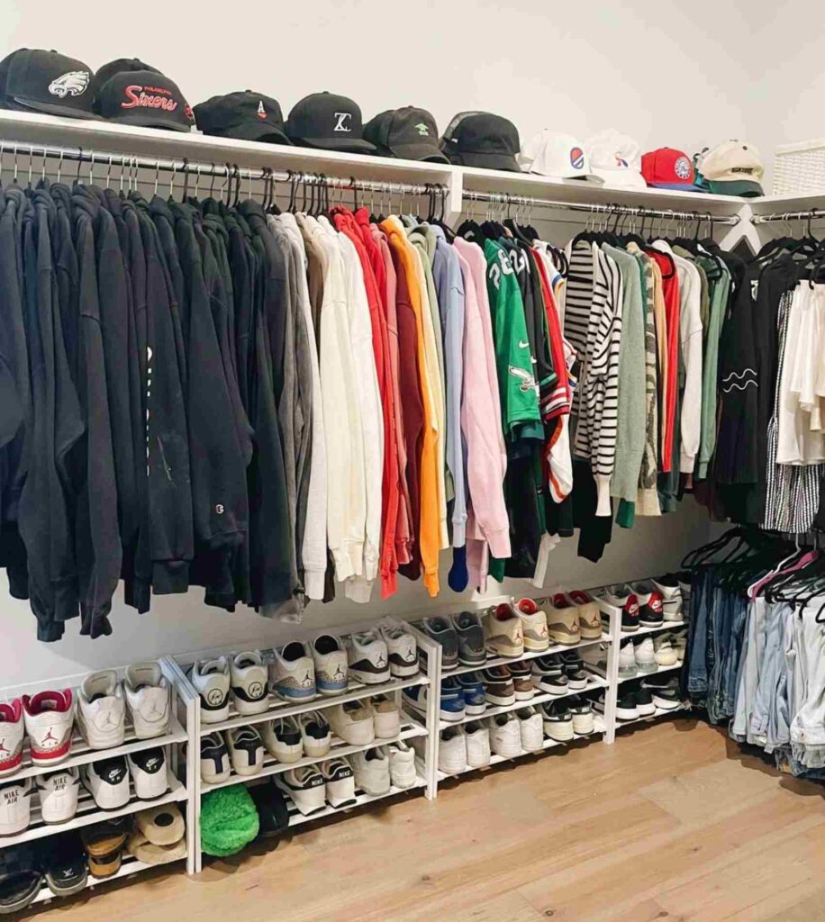 Large closet with four floor shoe racks