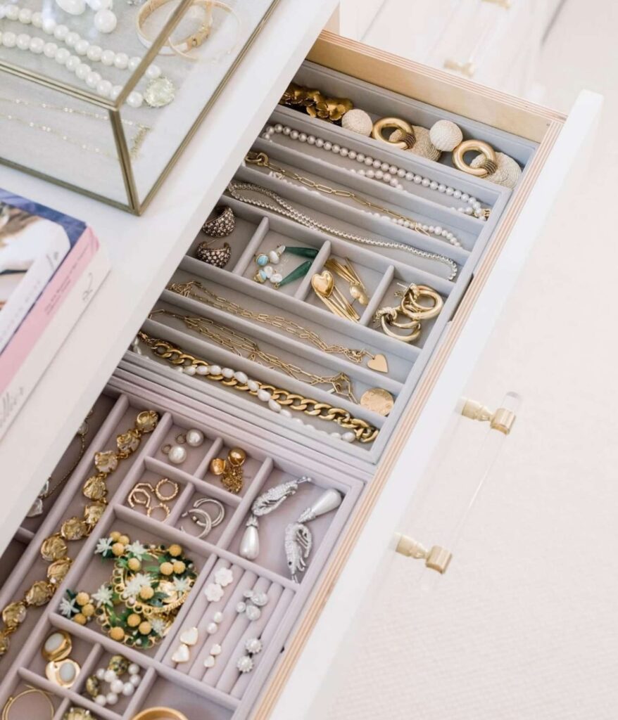 Photo of jewelry drawer storage with compartments.