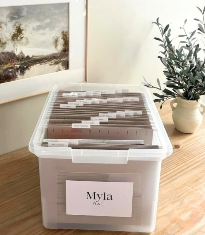 Kids' paperwork organized in a box with a filing system
