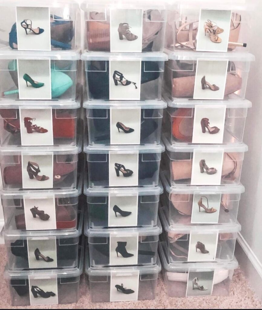 Shoes storage in clear bins with a photo label 