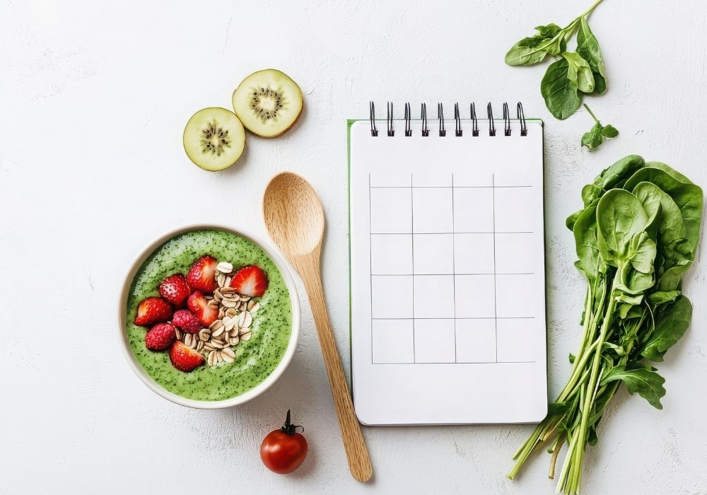 Meal planning: Picture of a calendar with a fruit bowl next to it.