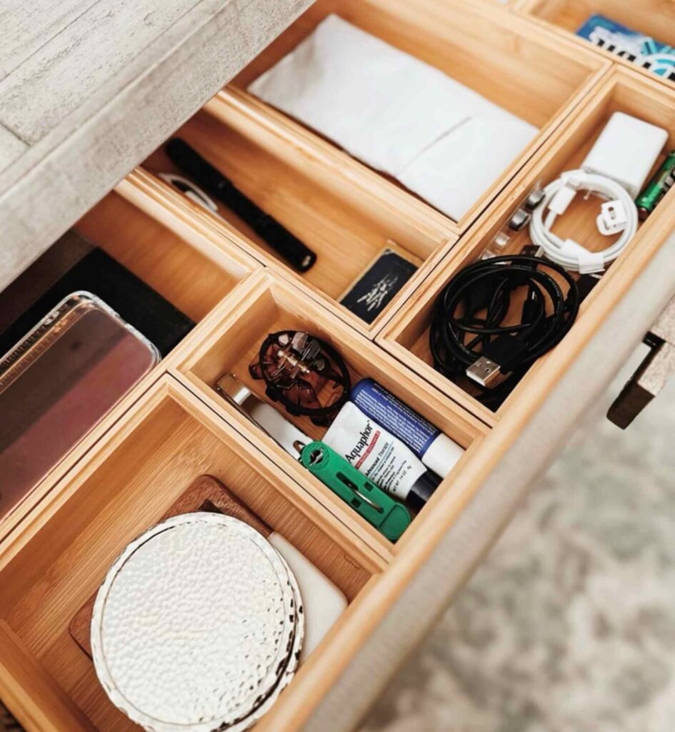 Bedroom nightstand drawers organized with drawer bins