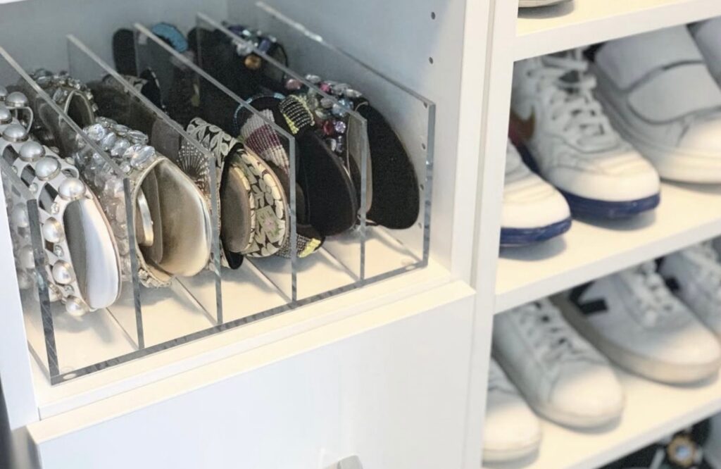 Sandals organized in acrylic purse organizers 