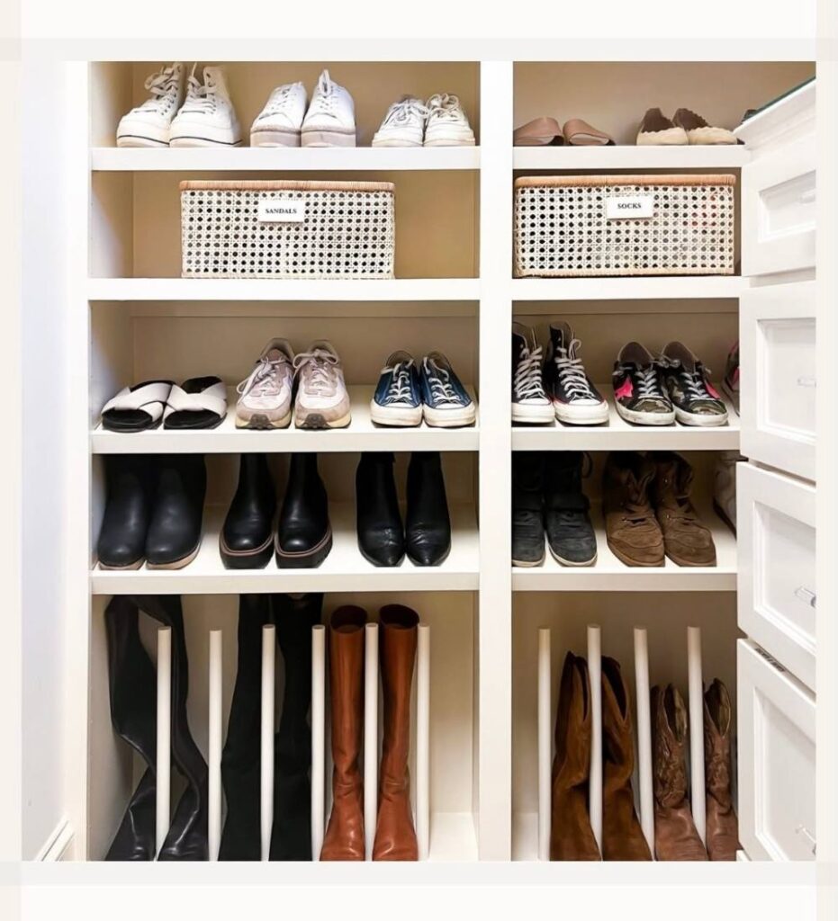 Closet shoe storage with boot poles to prevent slouching. 