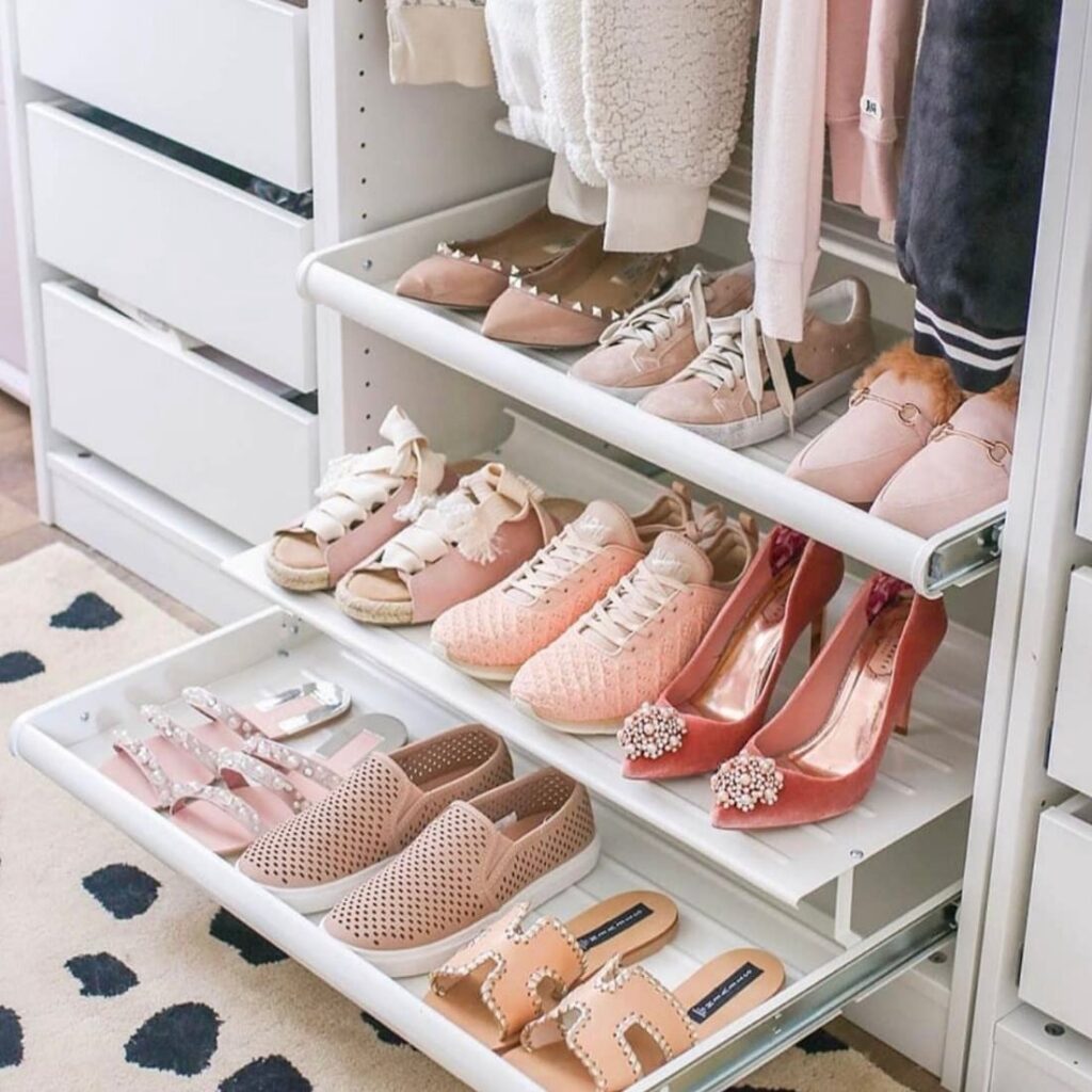 Shoe storage ideas for closets: Pull out Shelf Storage for Shoes in closet