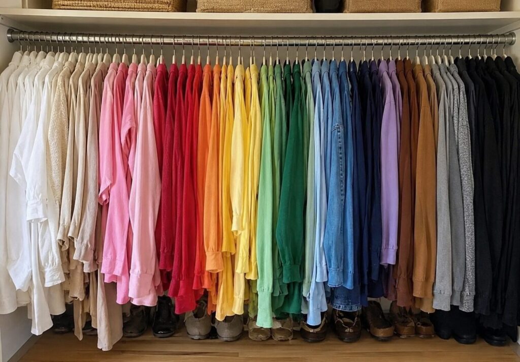 Rainbow method for color coordinating a closet 