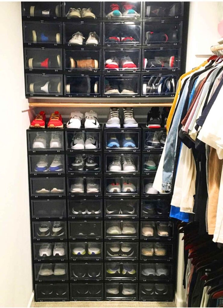 Shoe Storage ideas for closets: Black stackable bins