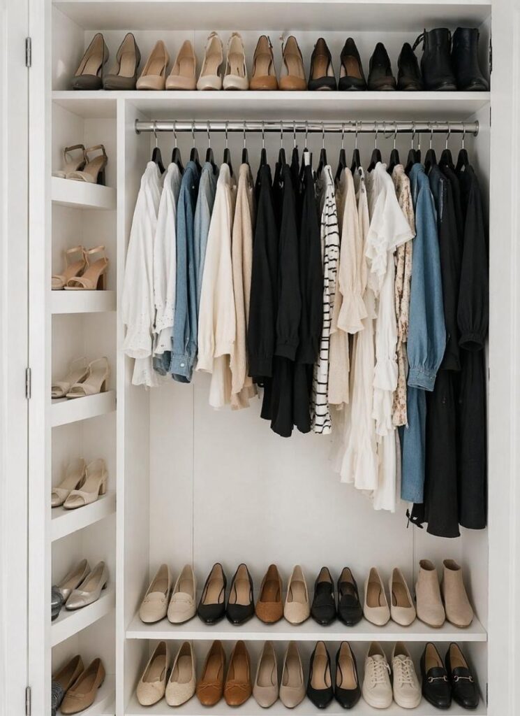 Shoes organized in a small closet on the top shelf, bottom shoe rack, and side shelves in a closet