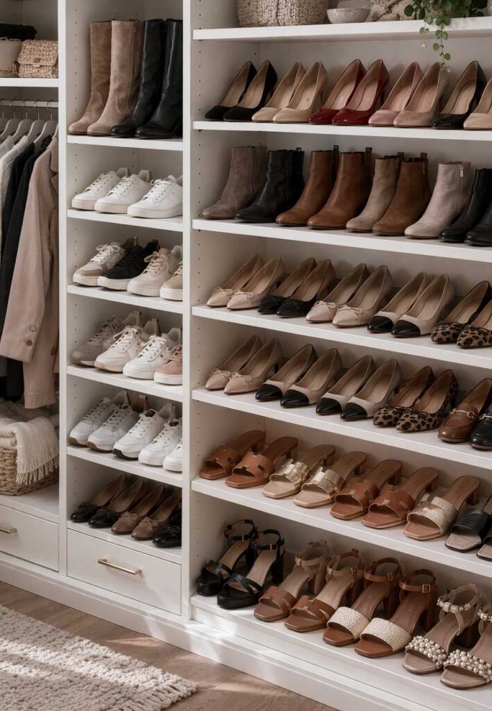 Shoes organized by type in a women's walk in closet 