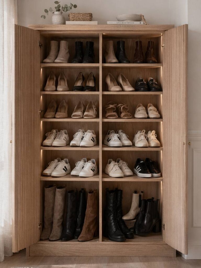 Shoes organized in a shoe storage cabinet