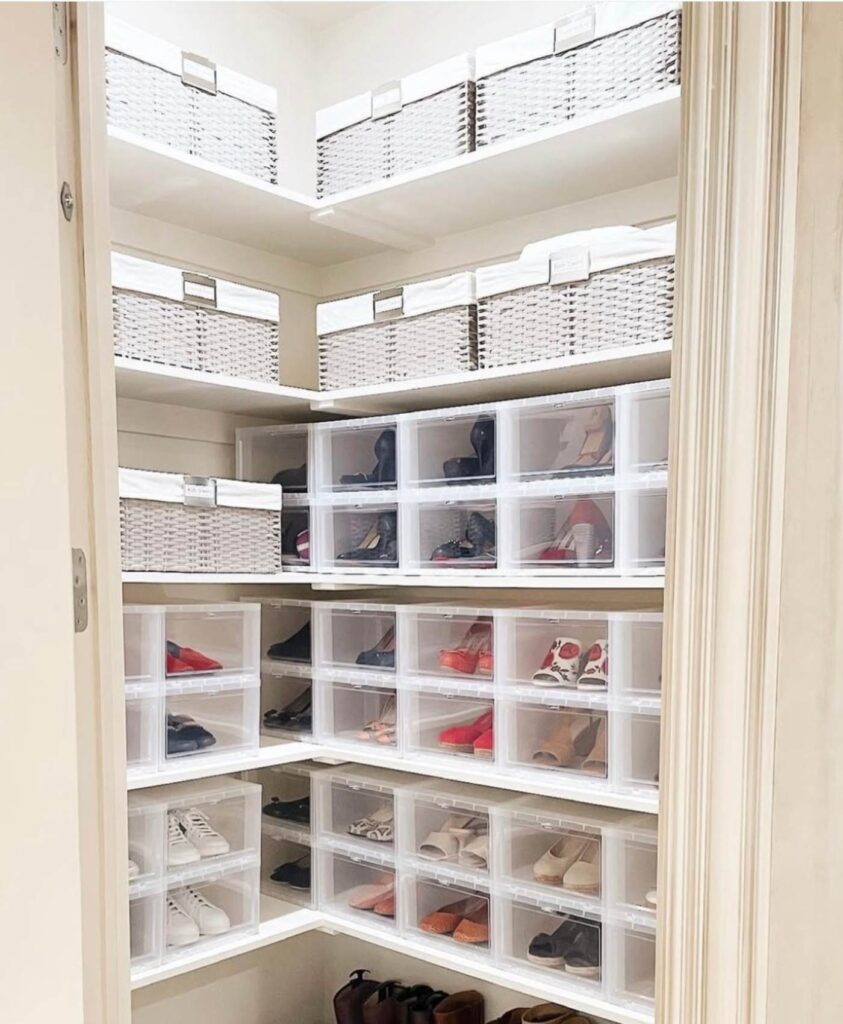 Shoes organized with plastic shoe boxes