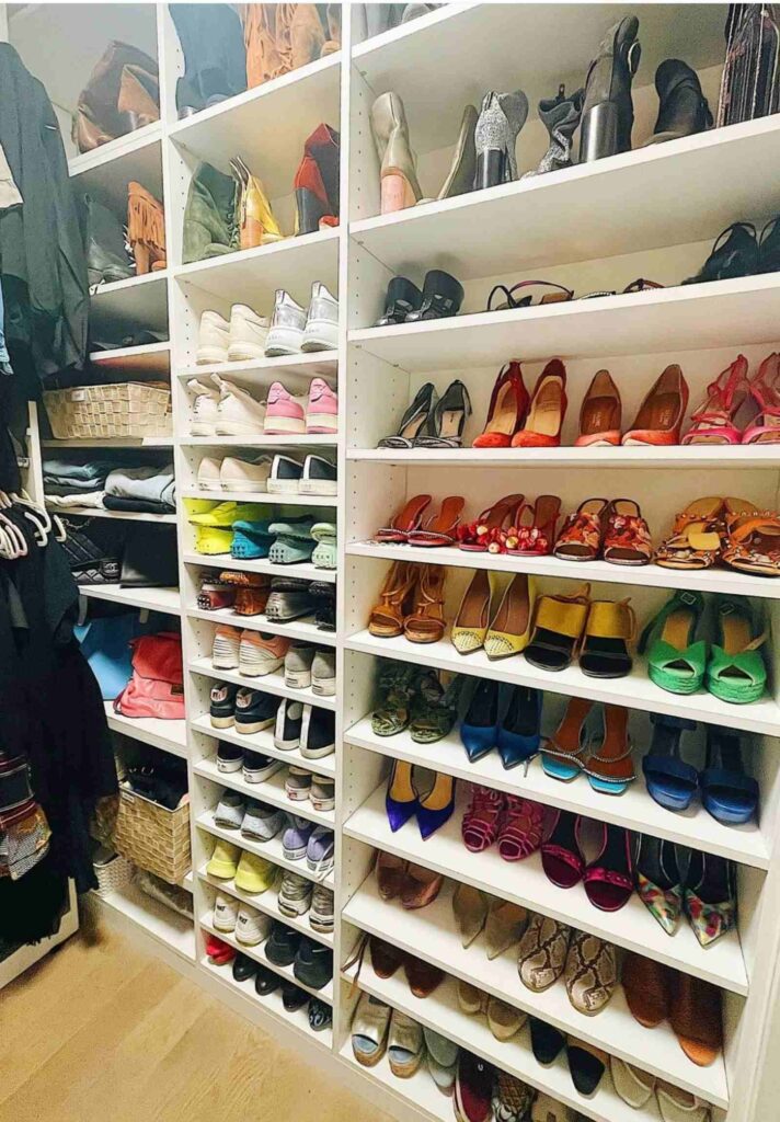 Shoes organized by type in a closet for shoe storage for closets 