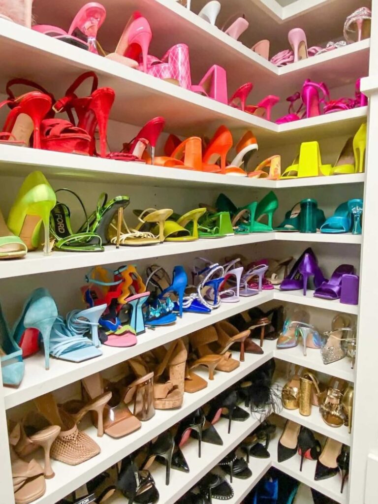 Color coordinated heels on closet shelving