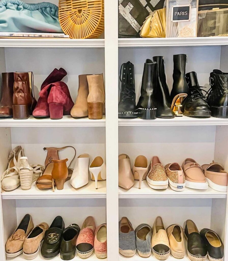 Shoes organized heel to toe as an idea for shoe storage ideas for closets 