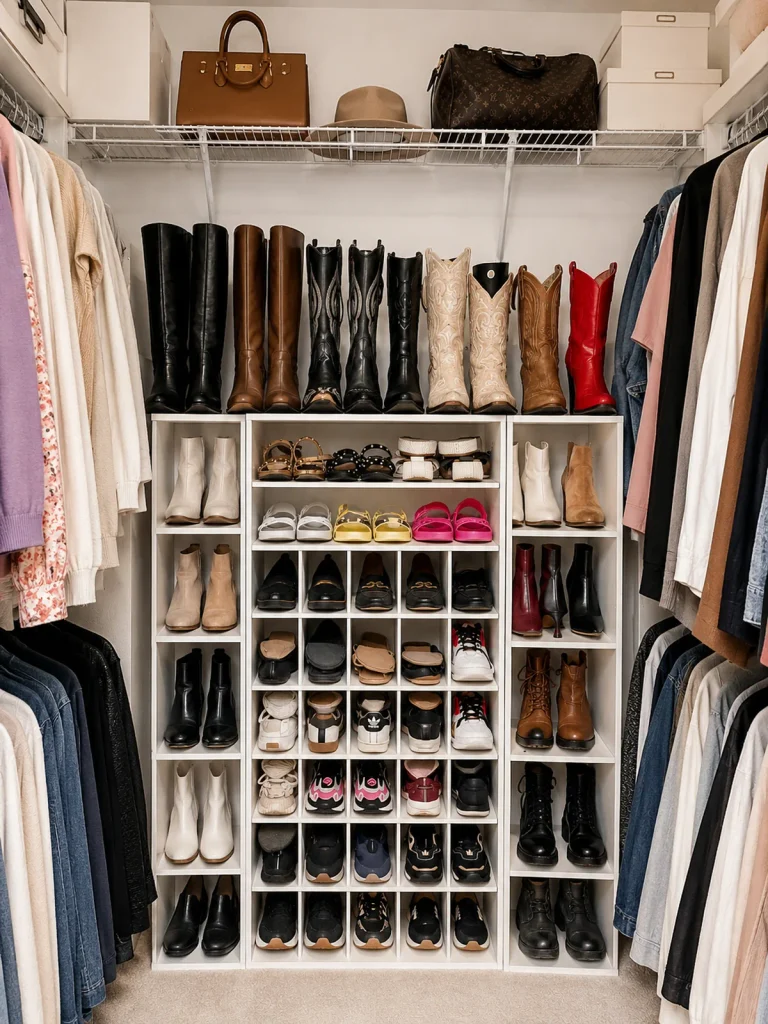 Shoes stored in three tall cubby organizers side by side in a women's closet 