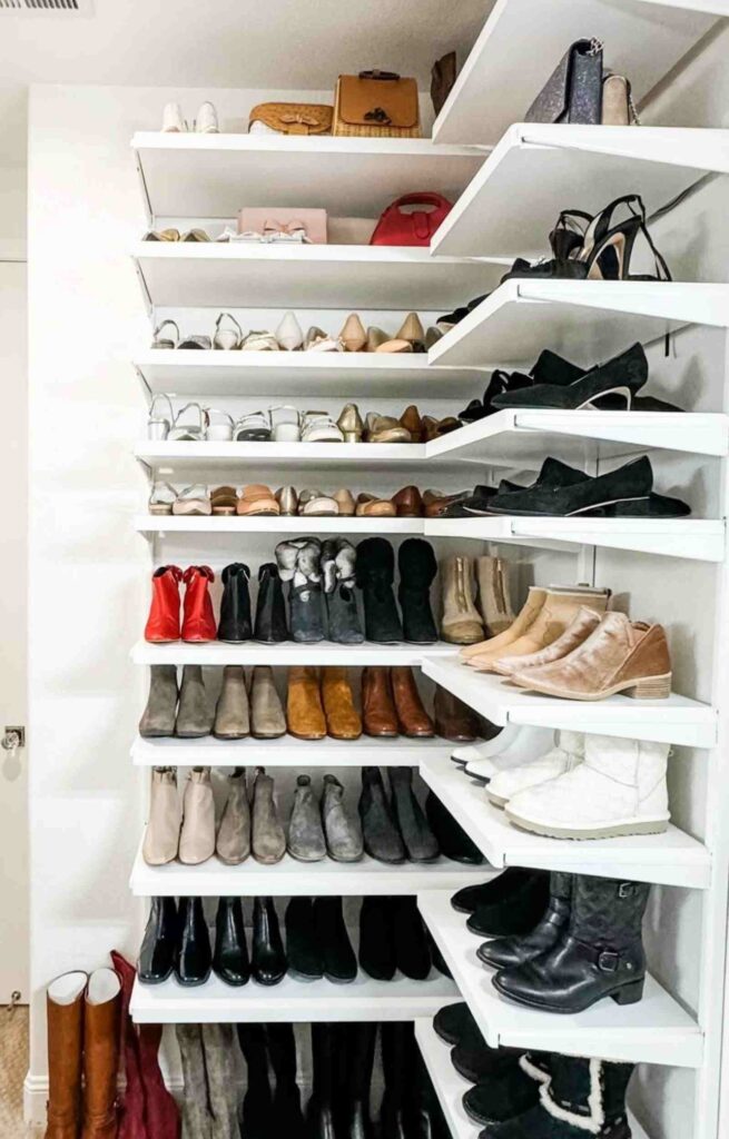 Shoe storage on hanging corner shelving for shoe organization 