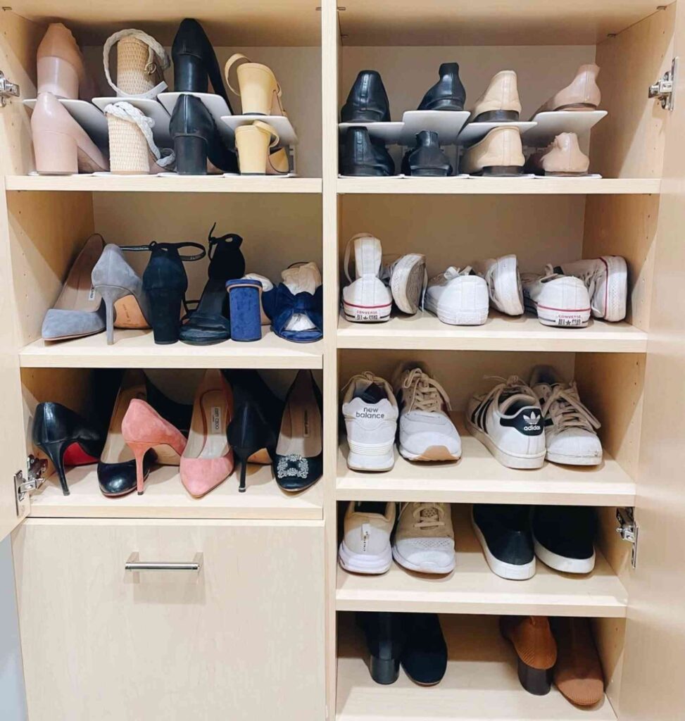 Shoes organized in a cabinet 3 different ways