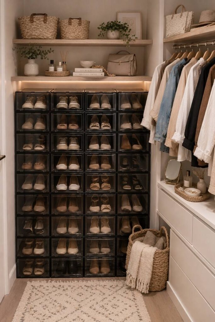 Black stackable shoe storage bins in a woman's closet