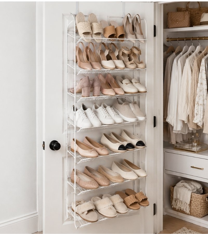 White wire over the door shoe rack in a women's closet