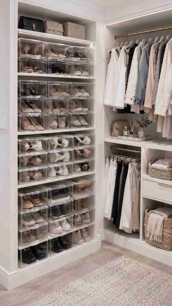 Woman's Closet with Acrylic Stackable Shoe Organizers