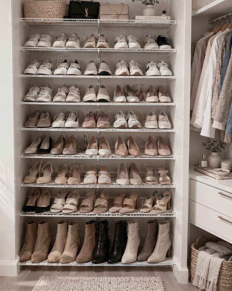 Women's closet with shoes stored on a breezy white wire rack 