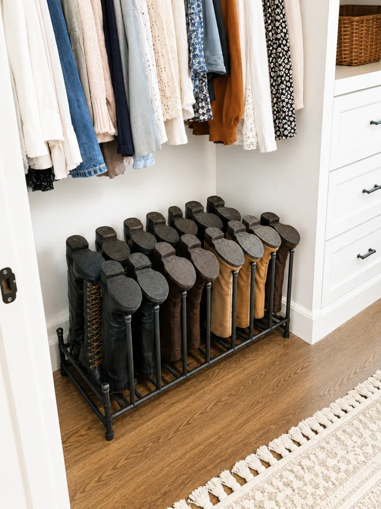 boot rack storage on bottom of women's closet 