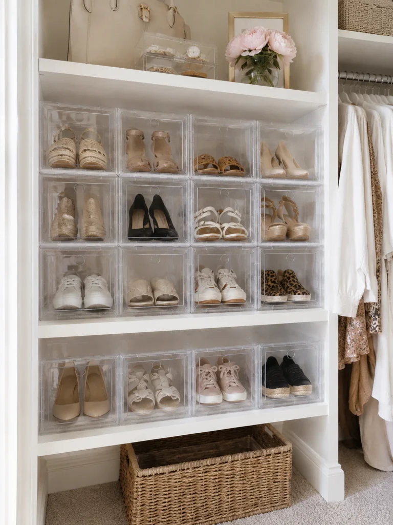 Clear shoe boxes with women shoes in them in a women's closet 