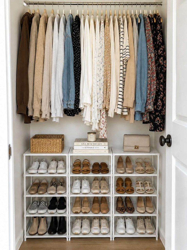 Small closet with three vertical white shoe racks on the bottom 