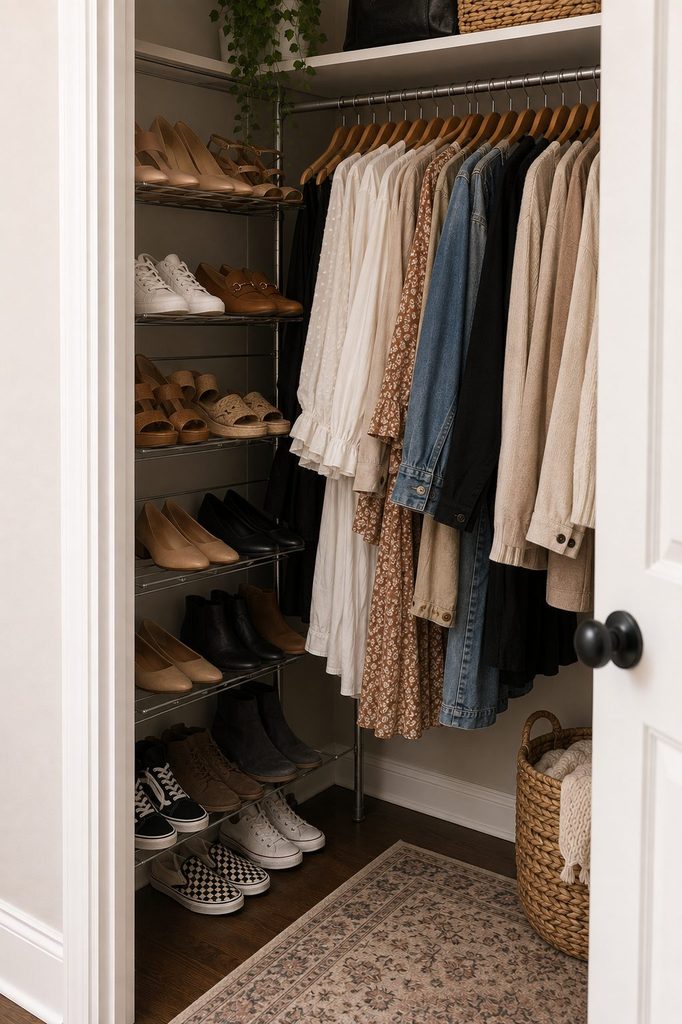 A slim shoe storage rack is installed in a small closet on the left side wall of the closet.