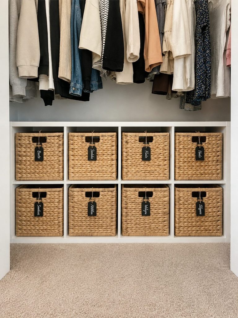 Storage cube on the bottom of closet with shoes in wicker baskets. 