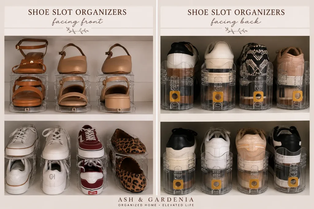 Picture of shoe slot organizers facing forward on a shelf and backwards on a shelf. 