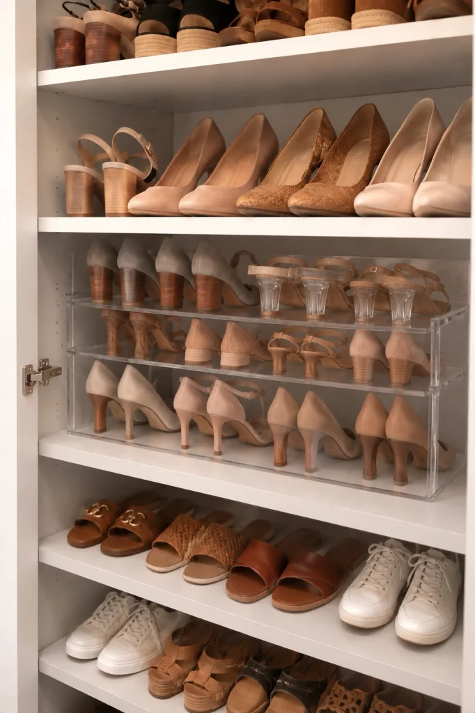 Picture of a an acrylic shelf rack to maximize shoe storage on a closet shelf. 