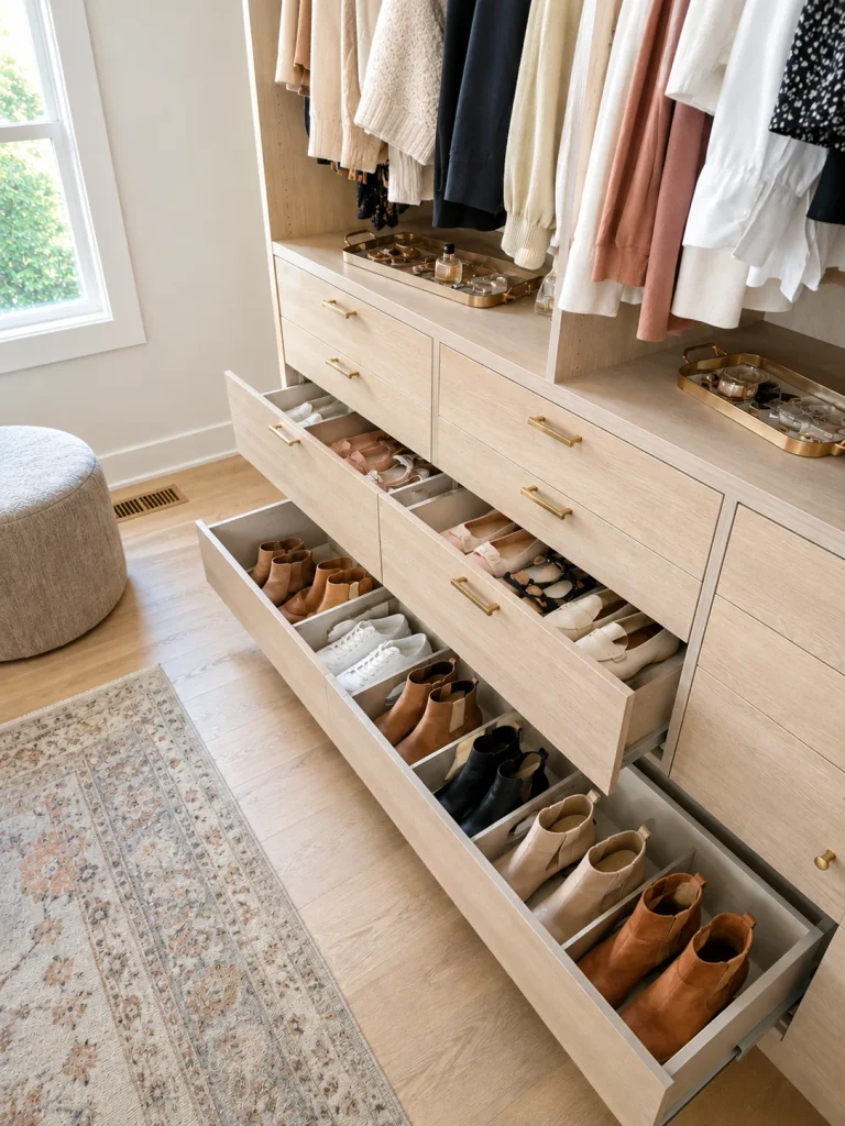 Pull out closet drawers in women's closet with shoes in them 