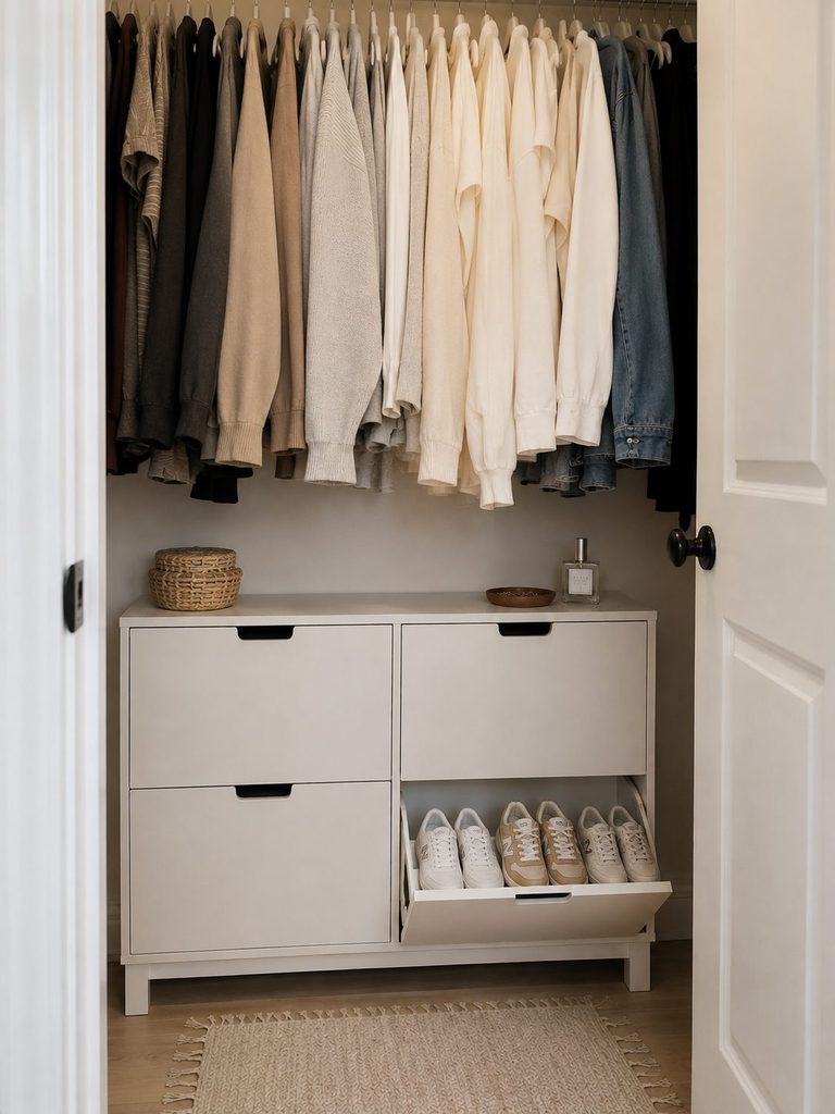 White shoe cabinet at the bottom of a small closet 