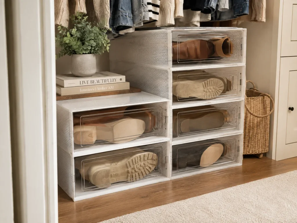 Stackable boot storage in a women's closet with boots stored in bins 