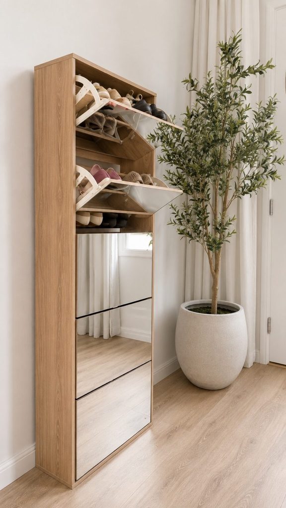 Tall mirrored storage cabinet for rooms with no closet shoe storage