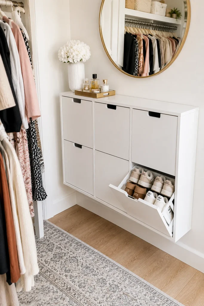 Wall mounted shoe cabinet hanging on women's closet wall 