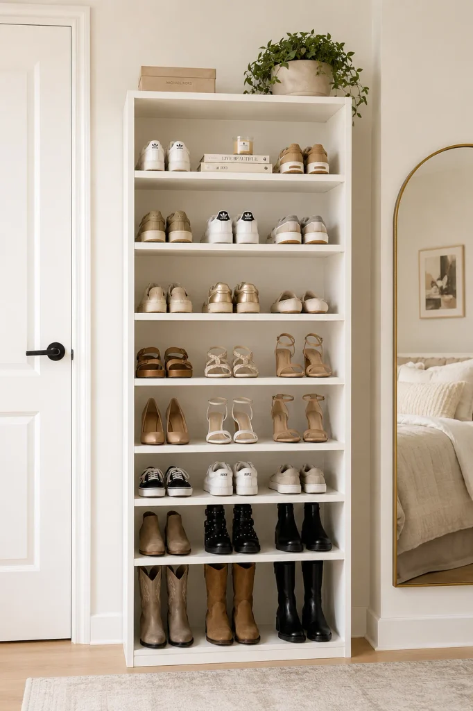 White bookcase with shoes stored on the shelves