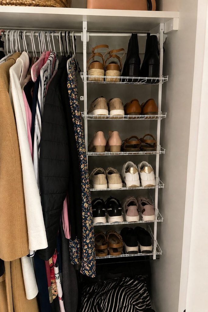 Small closet shoe storage idea, hanging a shoe rack from a clothing rod.