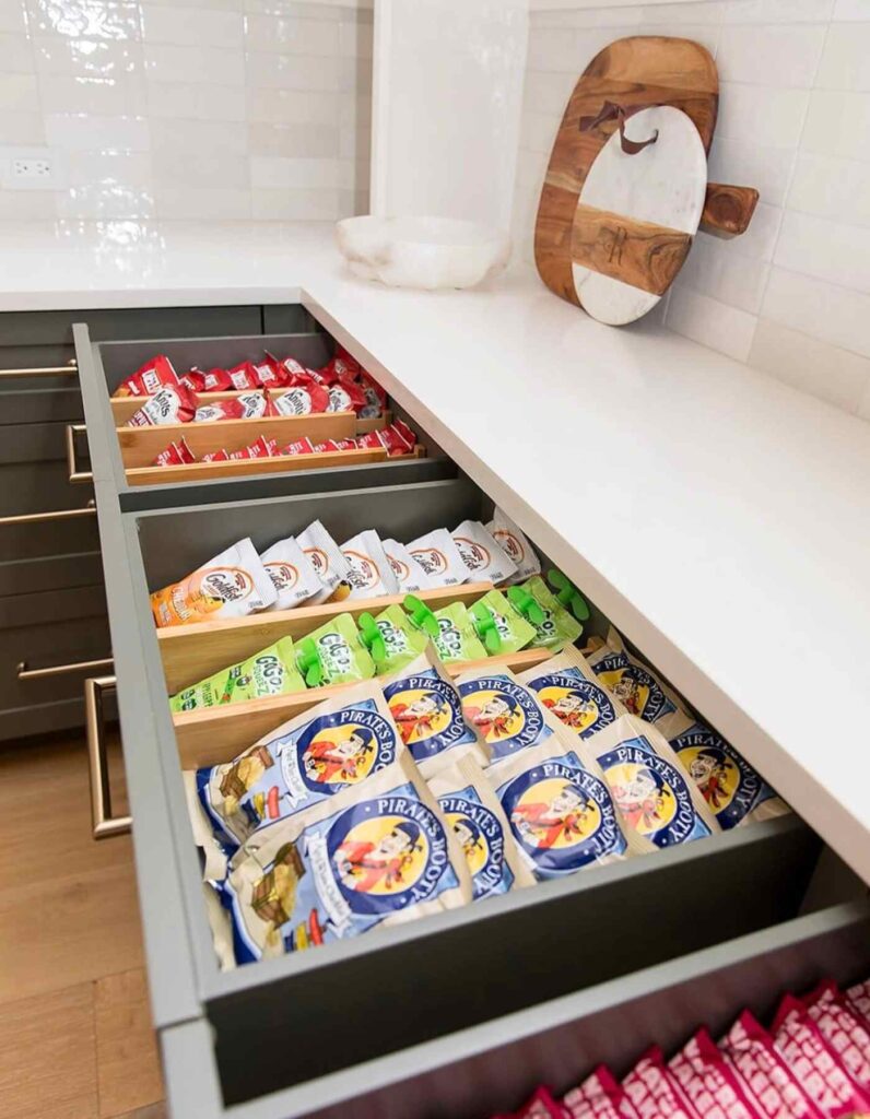 Back to school organization ideas: snack drawer in kitchen 
