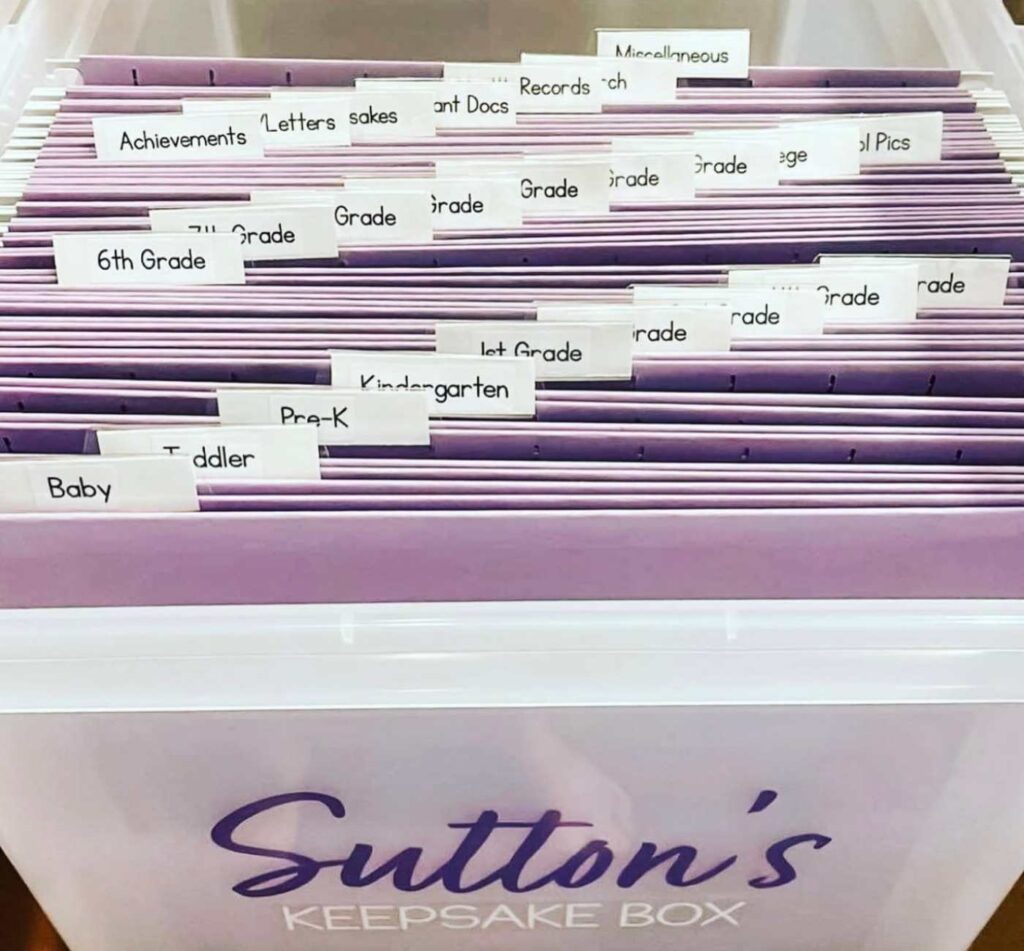 Child's school keepsake box for school organization at home.