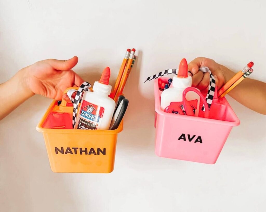 School organization ideas Homework caddies with school supplies in them 