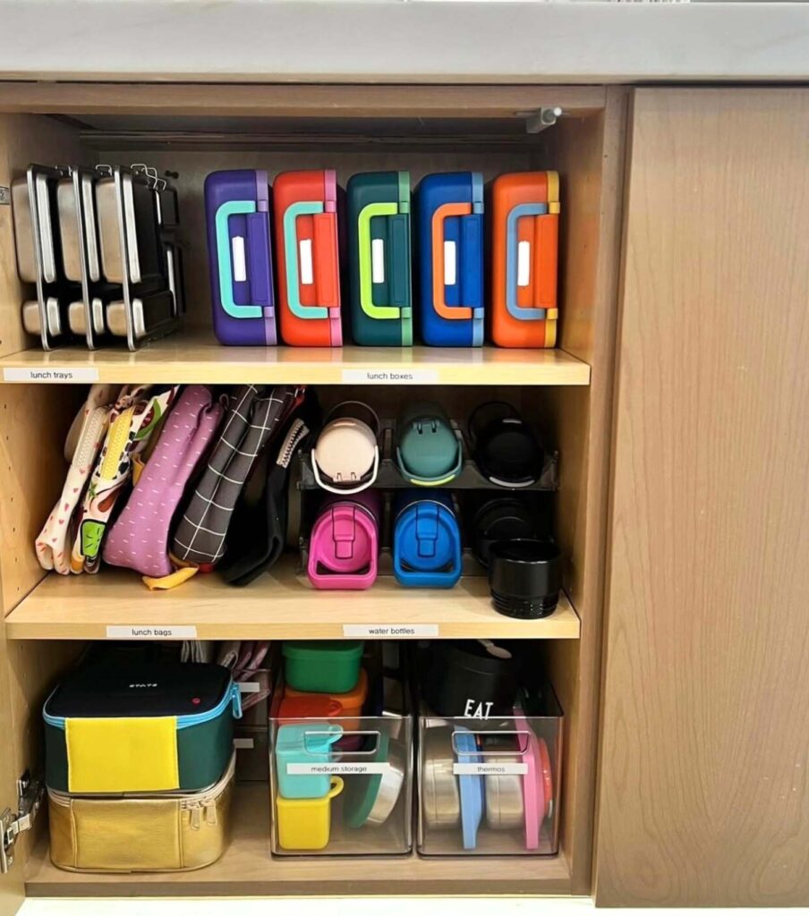 Back to school organization ideas: School lunch supplies organized in a kitchen cabinet 