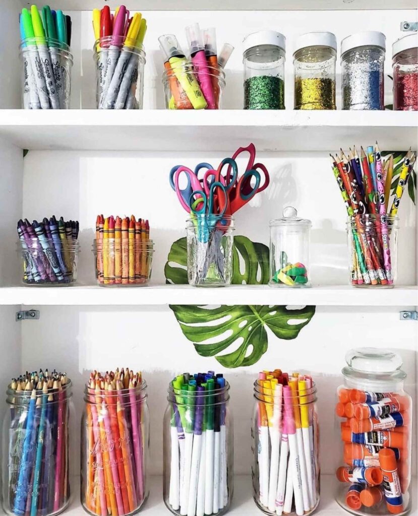 Back to school organization ideas: School supplies on shelves 