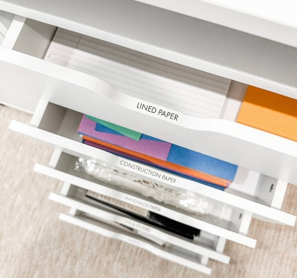 A desk drawer system for paper, with different types of paper in each drawer and labels