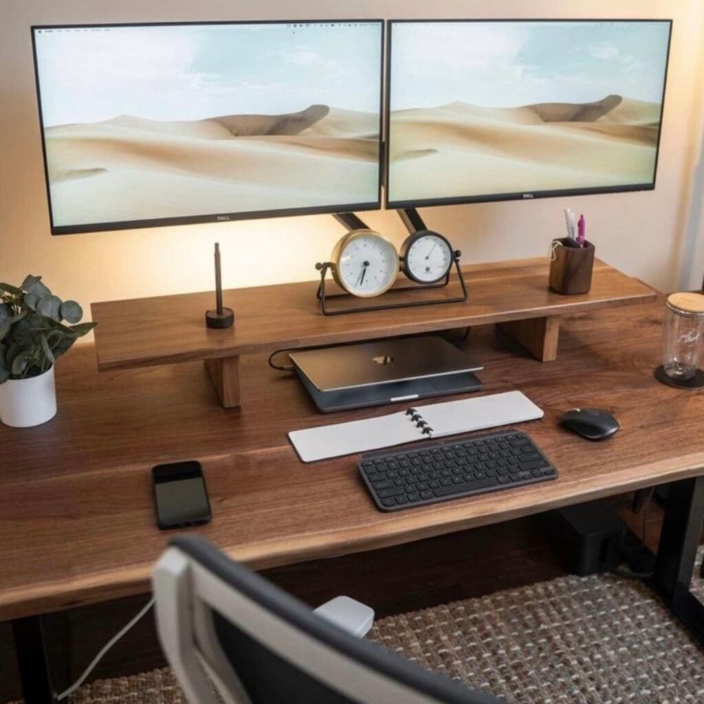 Office desk with two computer screens for productivity